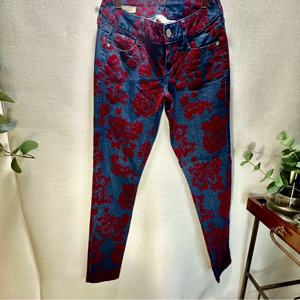 Decree Blue Skinny Jeans w/Red Velvet Floral/ Goth Grunge Hippie Y2K Sz5